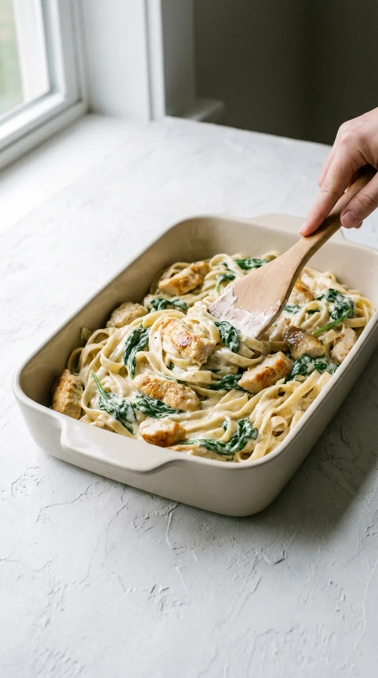 Chicken Alfredo: Creamy Halal Fettuccine Bake – step 6: Combine the elements