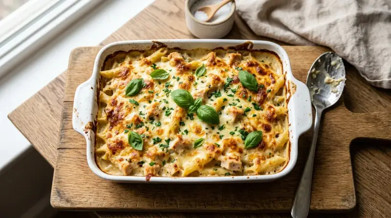 Golden chicken pasta bake in a casserole dish, bubbling mozzarella crust and steam rising.