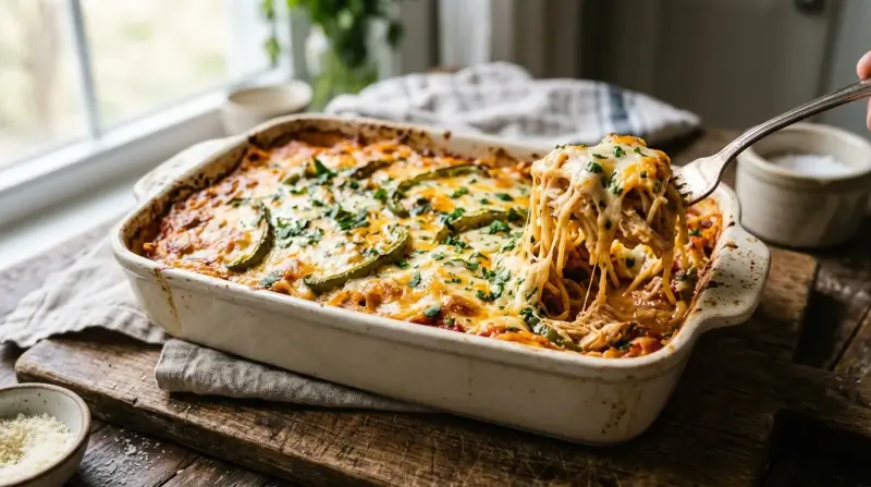 Baked chicken spaghetti casserole with golden melted cheese and bright green peppers