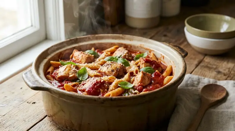 Bowl of creamy chicken pasta in a crock pot, topped with fresh basil and grated Parmesan