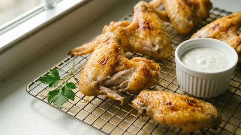 Crispy baked chicken wings on a white plate with a dipping sauce, steam rising