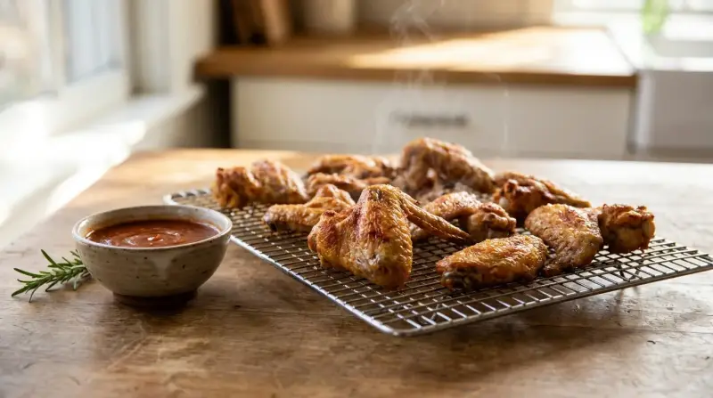 Crispy baked chicken wings on a wire rack, golden skin visible, with a small bowl of sauce and fresh herbs beside them