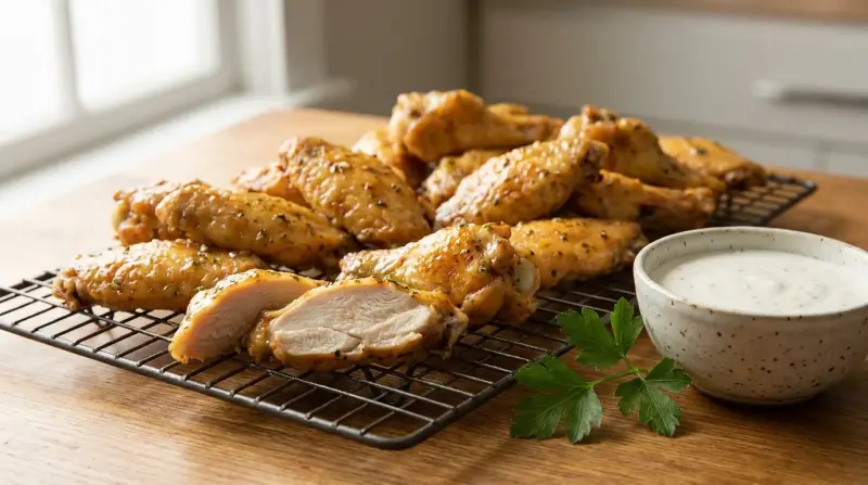 Crispy baked chicken wings on a wire rack, golden skin, served with ranch dip