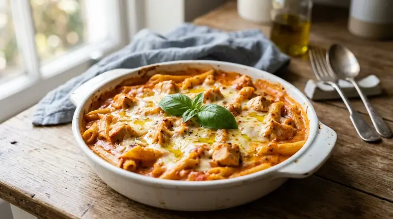 A close‑up of a creamy tomato chicken pasta bake in a white casserole dish, steam rising, with a sprig of fresh basil beside it.