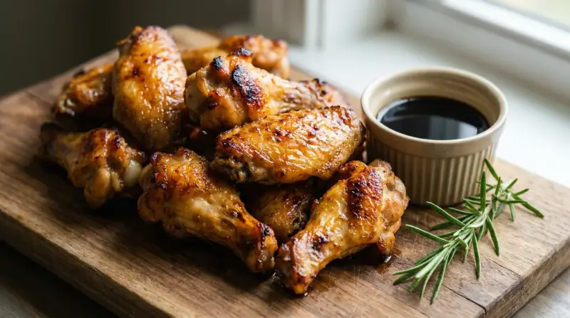 Crispy baked chicken wings on a wooden board with fresh herbs and a lemon wedge