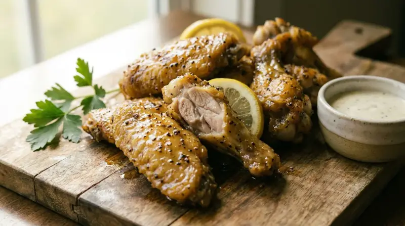 Crisp lemon pepper chicken wings on a wooden board with a lemon wedge and fresh parsley garnish