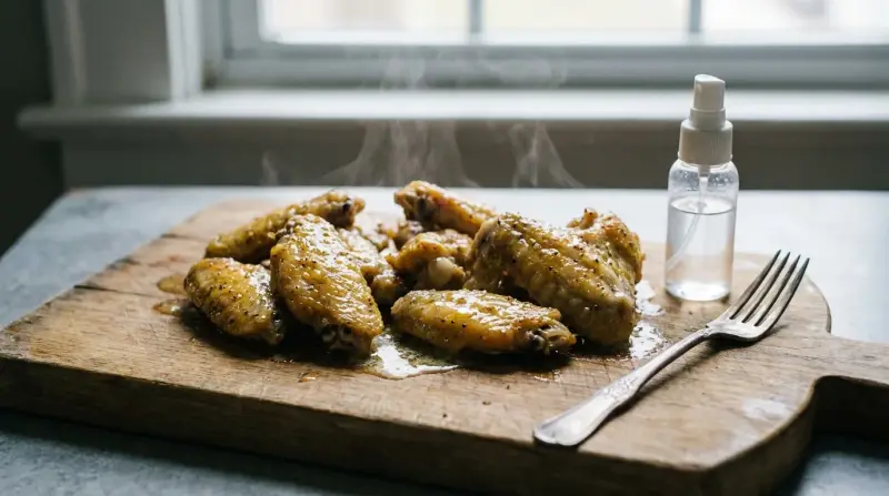 Golden-brown chicken wings glazed with lemon pepper butter on a rustic wooden board