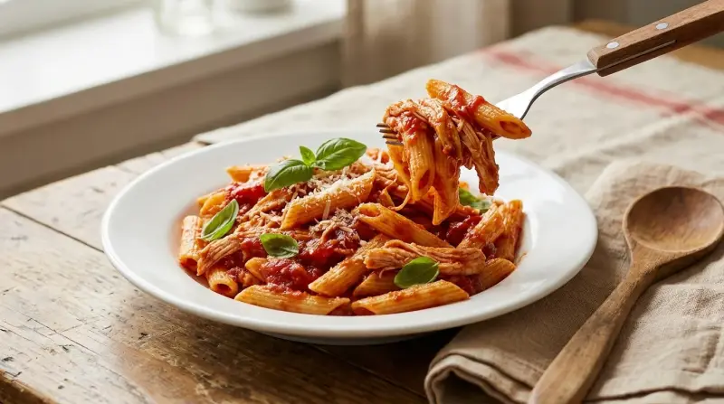 Plate of chicken pasta topped with bright red tomato sauce, garnished with fresh basil leaves and grated Parmesan