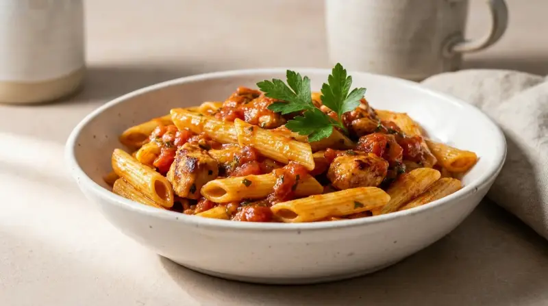 Close‑up of reheated chicken pasta in a shallow white bowl, steam rising, bright red tomato sauce clinging to penne, parsley garnish